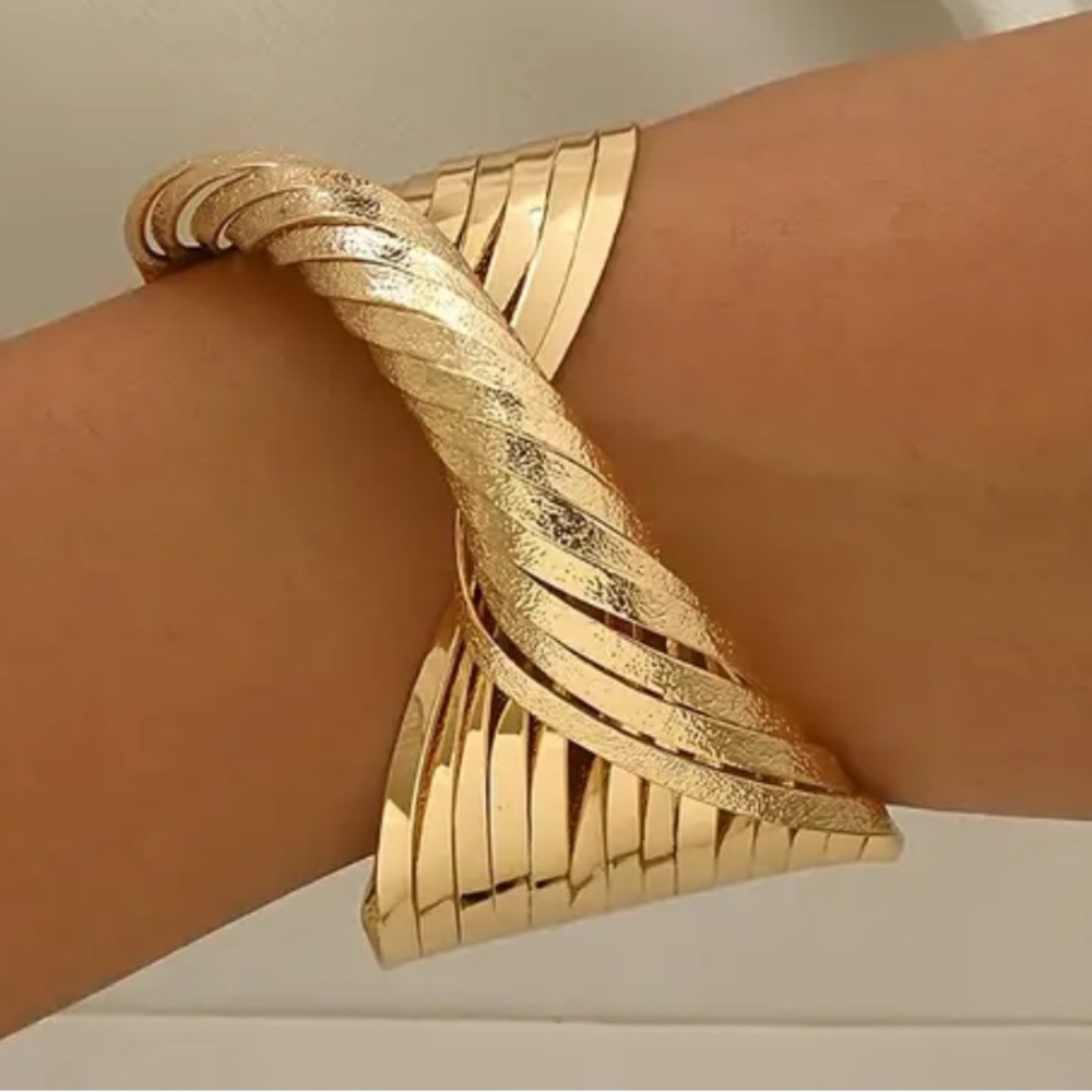 Gold Matte Twisted Line Cuff Bracelet.